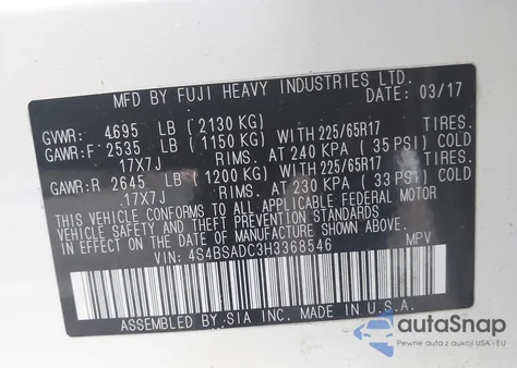 2017 Subaru Outback 2.5I Premium из США, поврежденный, VIN 4S4BSADC3H3368546